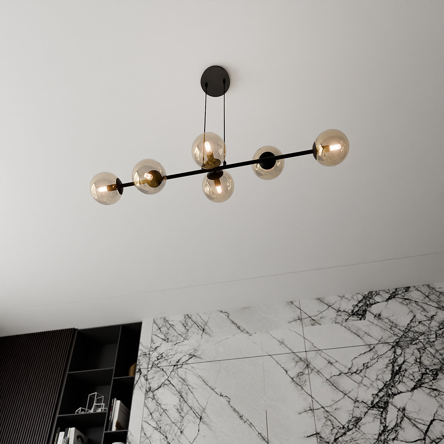 Lampadario Contemporaneo 6 Luci Su Acciaio Nero E Sfere In Vetro Ambra 876/6