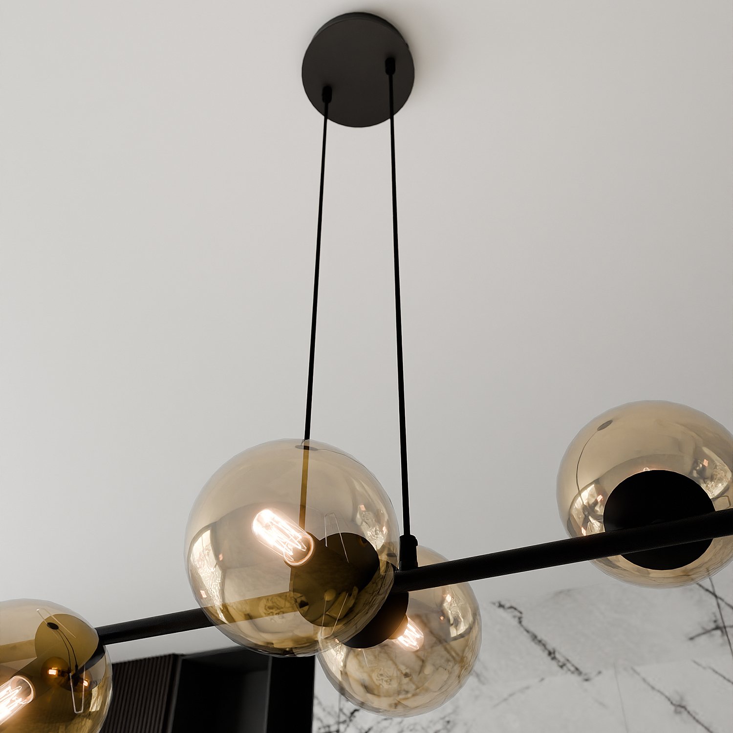 Lampadario Contemporaneo 6 Luci Su Acciaio Nero E Sfere In Vetro Ambra 876/6