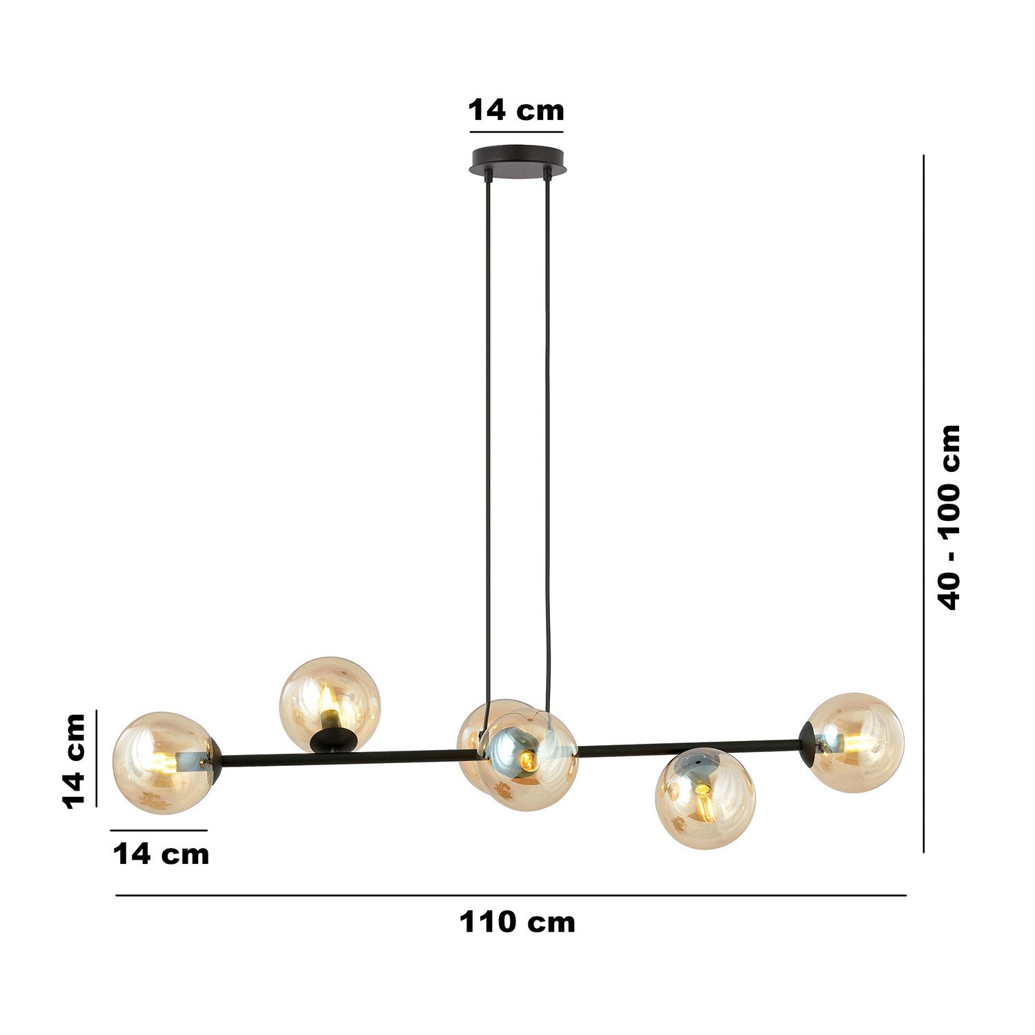 Lampadario Contemporaneo 6 Luci Su Acciaio Nero E Sfere In Vetro Ambra 876/6