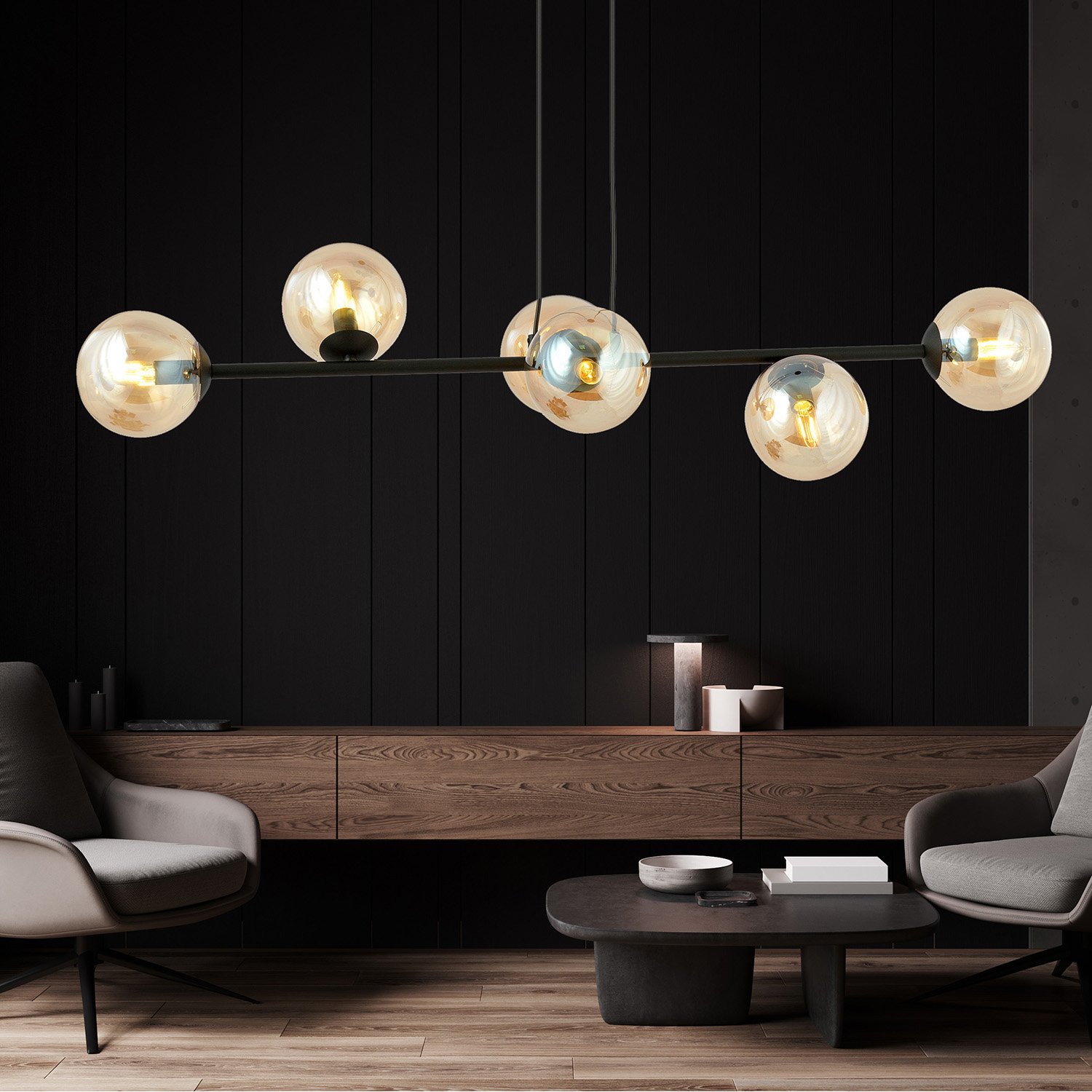 Lampadario Contemporaneo 6 Luci Su Acciaio Nero E Sfere In Vetro Ambra 876/6