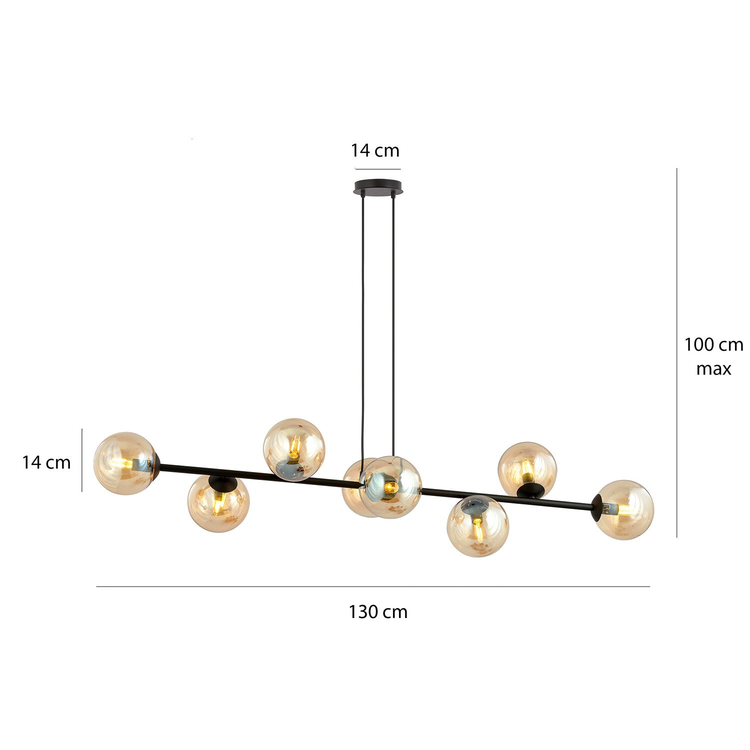 Lampadario Contemporaneo 8 Luci Su Acciaio Nero E Sfere In Vetro Ambra 876/8