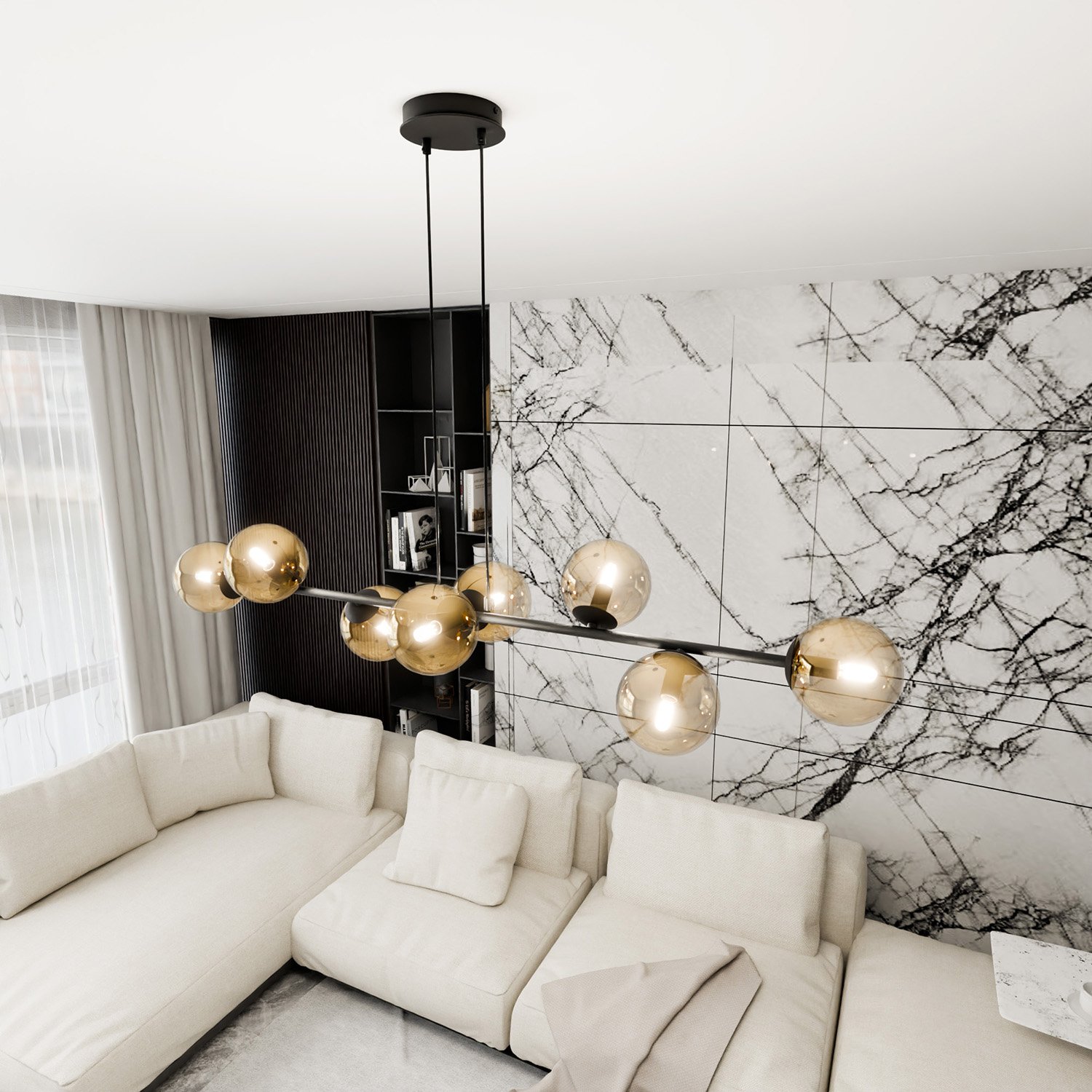 Lampadario Contemporaneo 8 Luci Su Acciaio Nero E Sfere In Vetro Ambra 876/8