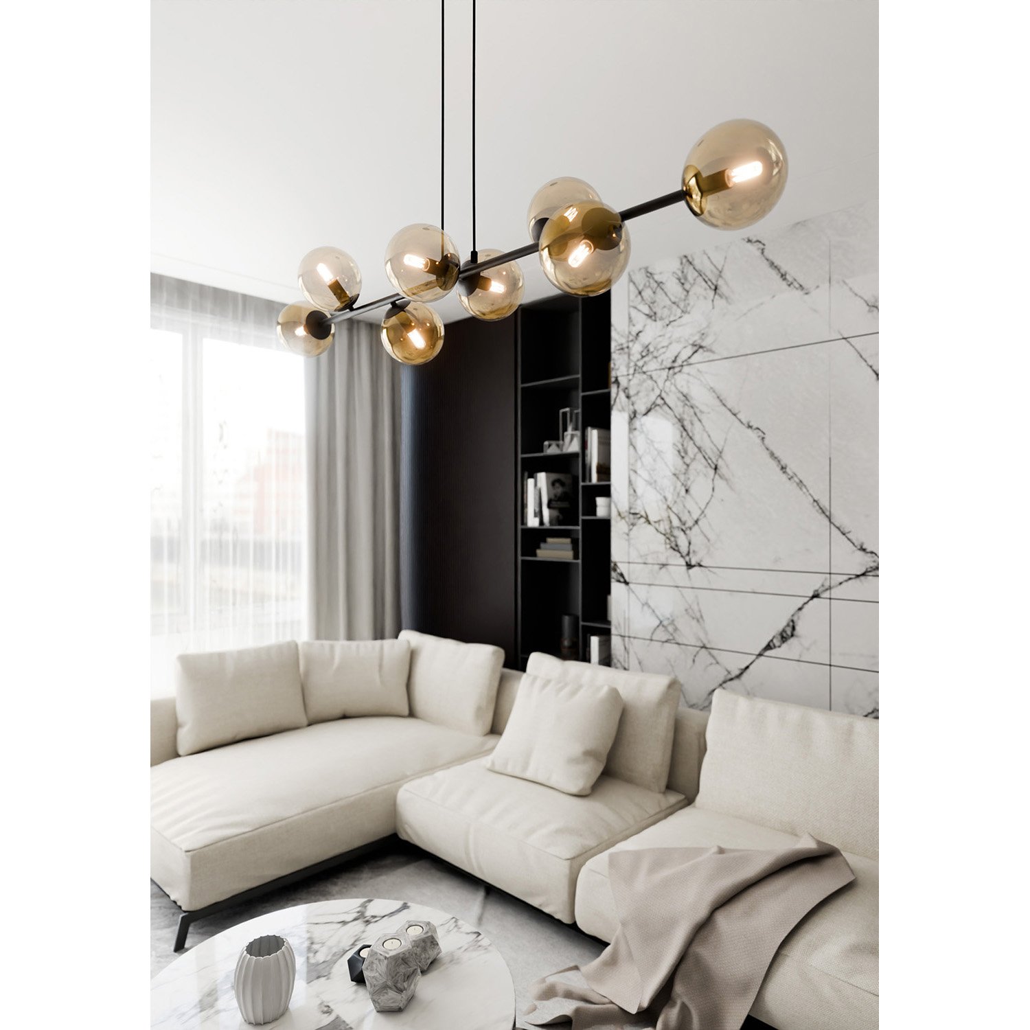 Lampadario Contemporaneo 8 Luci Su Acciaio Nero E Sfere In Vetro Ambra 876/8