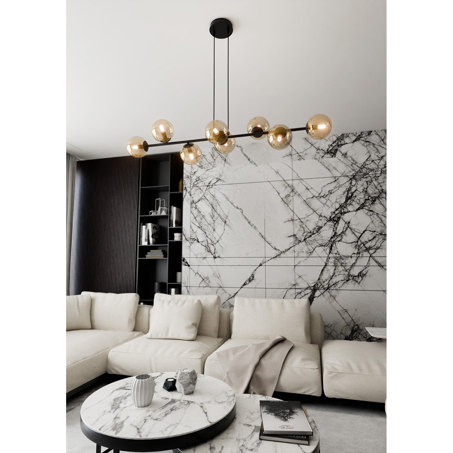 Lampadario Contemporaneo 8 Luci Su Acciaio Nero E Sfere In Vetro Ambra 876/8