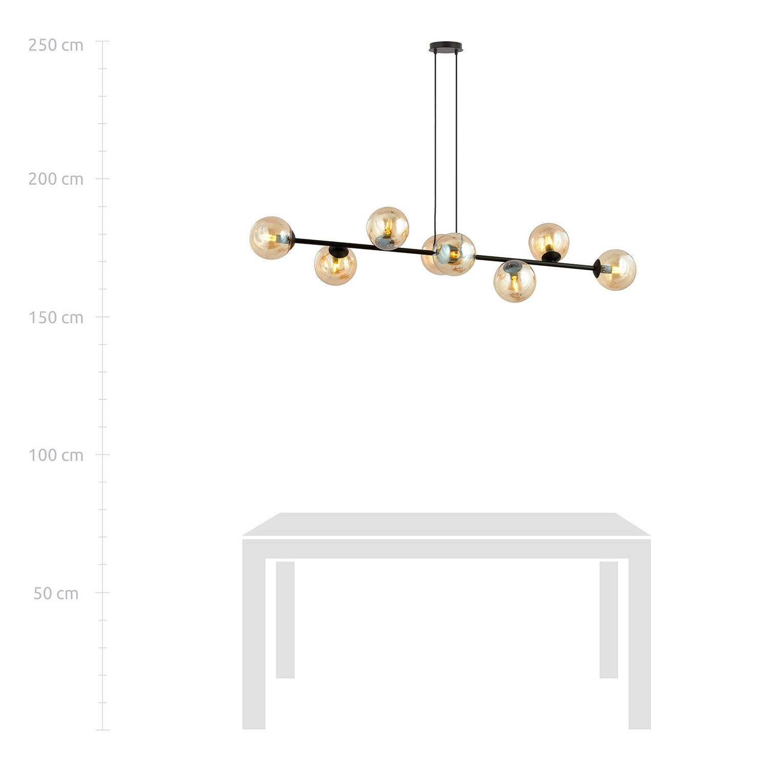 Lampadario Contemporaneo 8 Luci Su Acciaio Nero E Sfere In Vetro Ambra 876/8