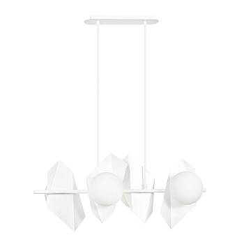 Lampadario 4 Luci Moderno Sharada Acciaio Bianco E Sfere Vetro Opalino