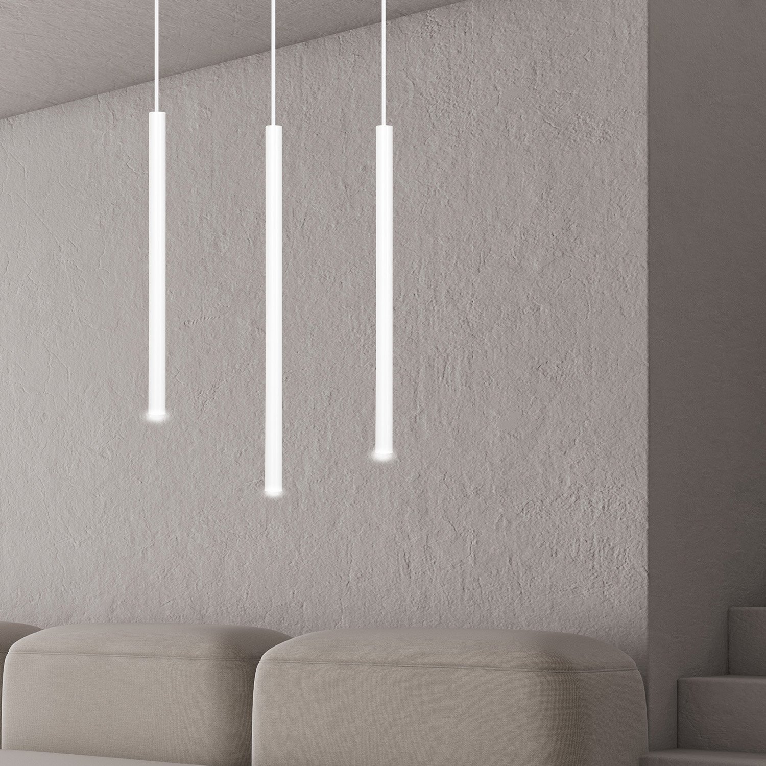 Lampadario 3 Luci Moderno Tsukiyomi Acciaio Bianco E Paralumi A Cilindri Sottili 553/3