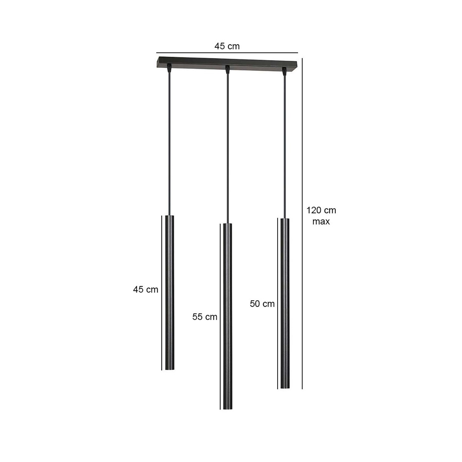 Lampadario 3 Luci Moderno Tsukiyomi Acciaio Nero E Paralumi A Cilindri Sottili 552/3
