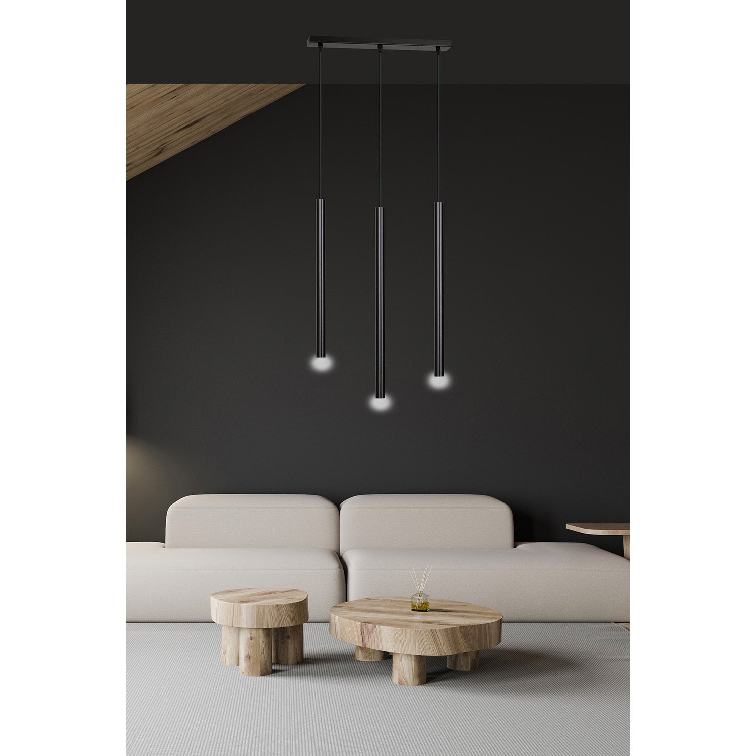 Lampadario 3 Luci Moderno Tsukiyomi Acciaio Nero E Paralumi A Cilindri Sottili 552/3