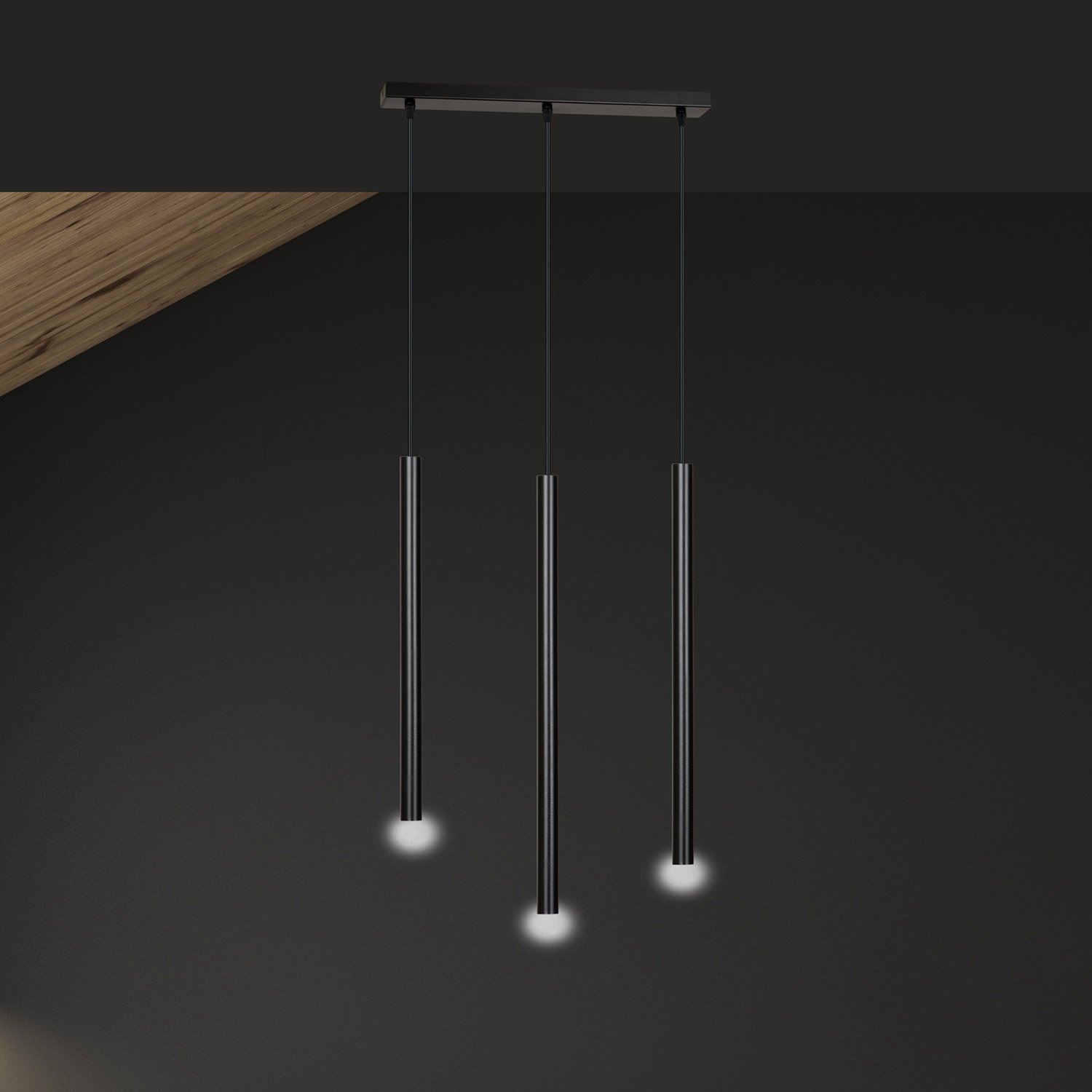 Lampadario 3 Luci Moderno Tsukiyomi Acciaio Nero E Paralumi A Cilindri Sottili 552/3