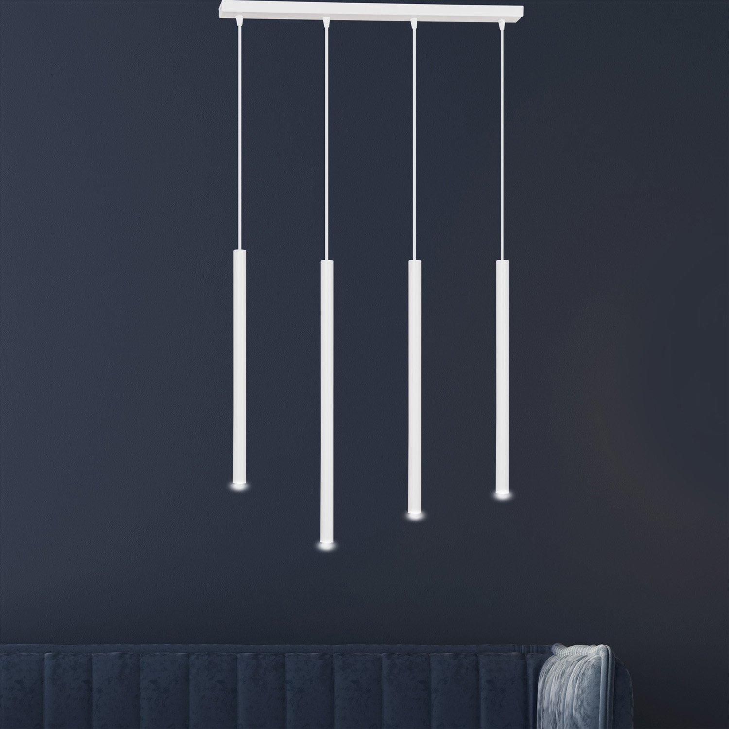 Lampadario 4 Luci Moderno Tsukiyomi Acciaio Bianco E Paralumi A Cilindri Sottili 553/4