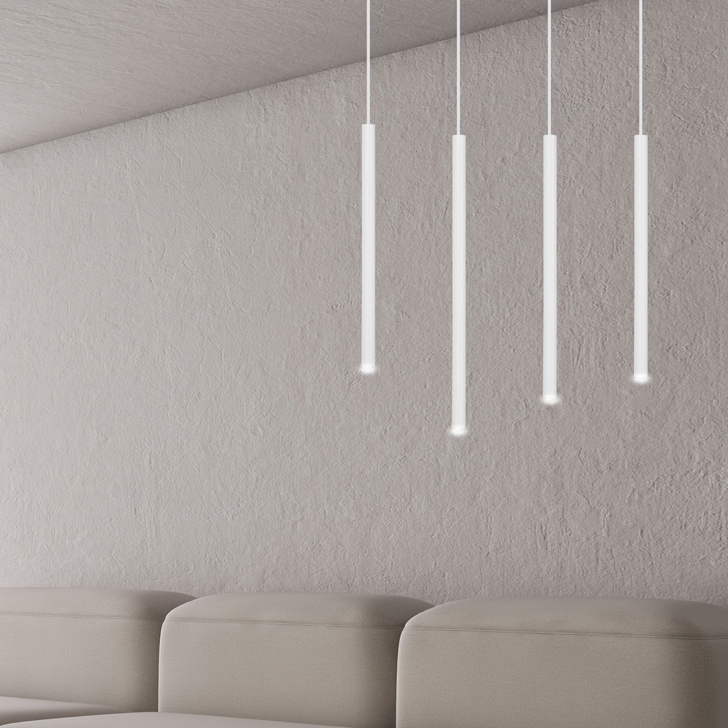 Lampadario 4 Luci Moderno Tsukiyomi Acciaio Bianco E Paralumi A Cilindri Sottili 553/4