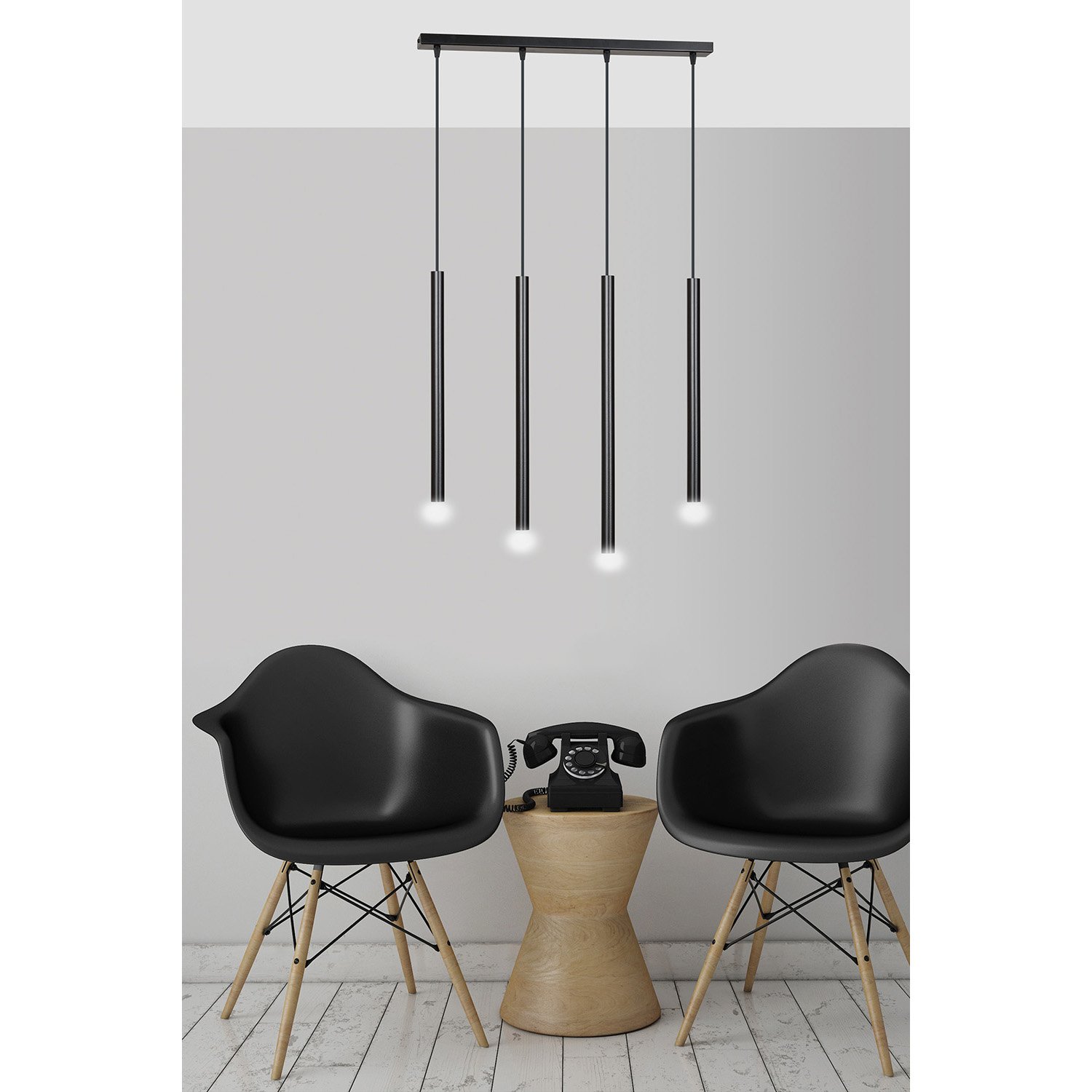 Lampadario 4 Luci Moderno Tsukiyomi Acciaio Nero E Paralumi A Cilindri Sottili 552/4