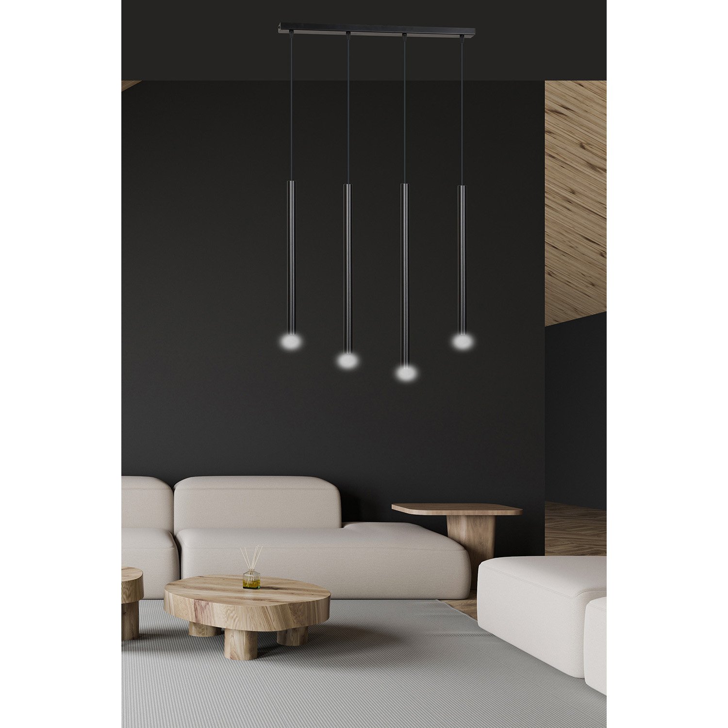 Lampadario 4 Luci Moderno Tsukiyomi Acciaio Nero E Paralumi A Cilindri Sottili 552/4