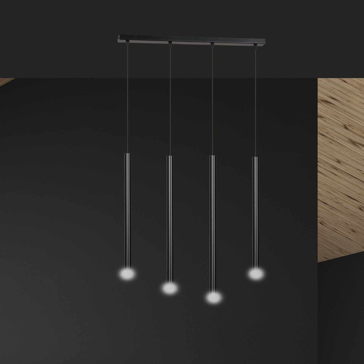 Lampadario 4 Luci Moderno Tsukiyomi Acciaio Nero E Paralumi A Cilindri Sottili 552/4
