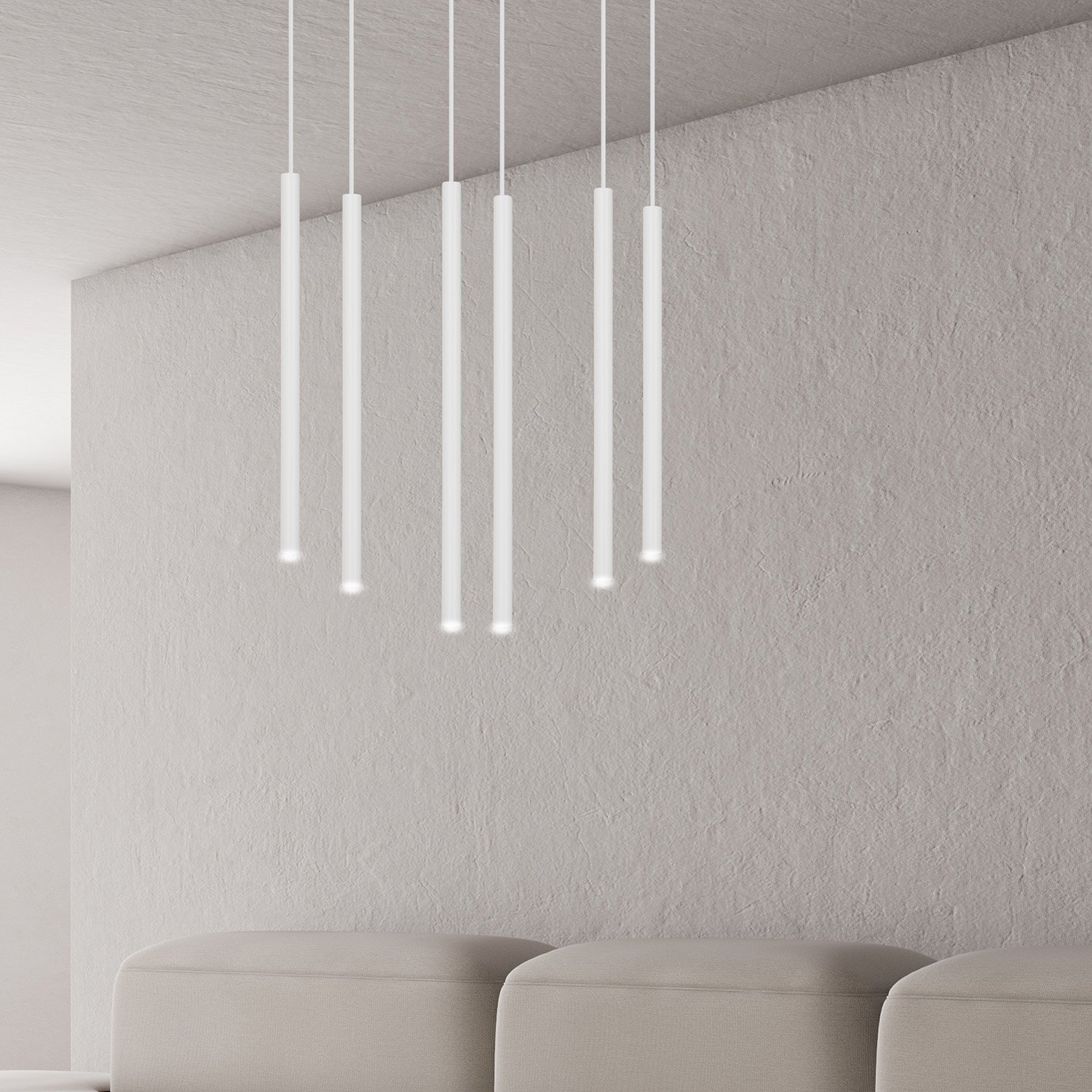 Lampadario 6 Luci Moderno Tsukiyomi Acciaio Bianco E Paralumi A Cilindri Sottili 553/6