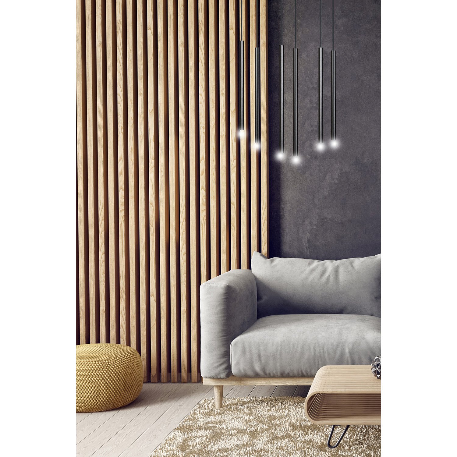 Lampadario 6 Luci Moderno Tsukiyomi Acciaio Nero E Paralumi A Cilindri Sottili 552/6