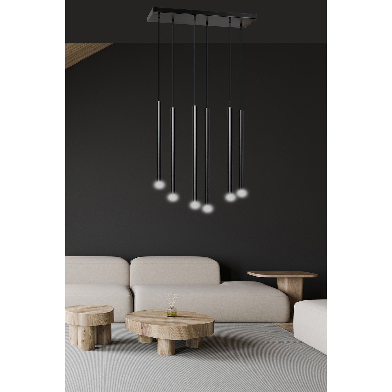 Lampadario 6 Luci Moderno Tsukiyomi Acciaio Nero E Paralumi A Cilindri Sottili 552/6