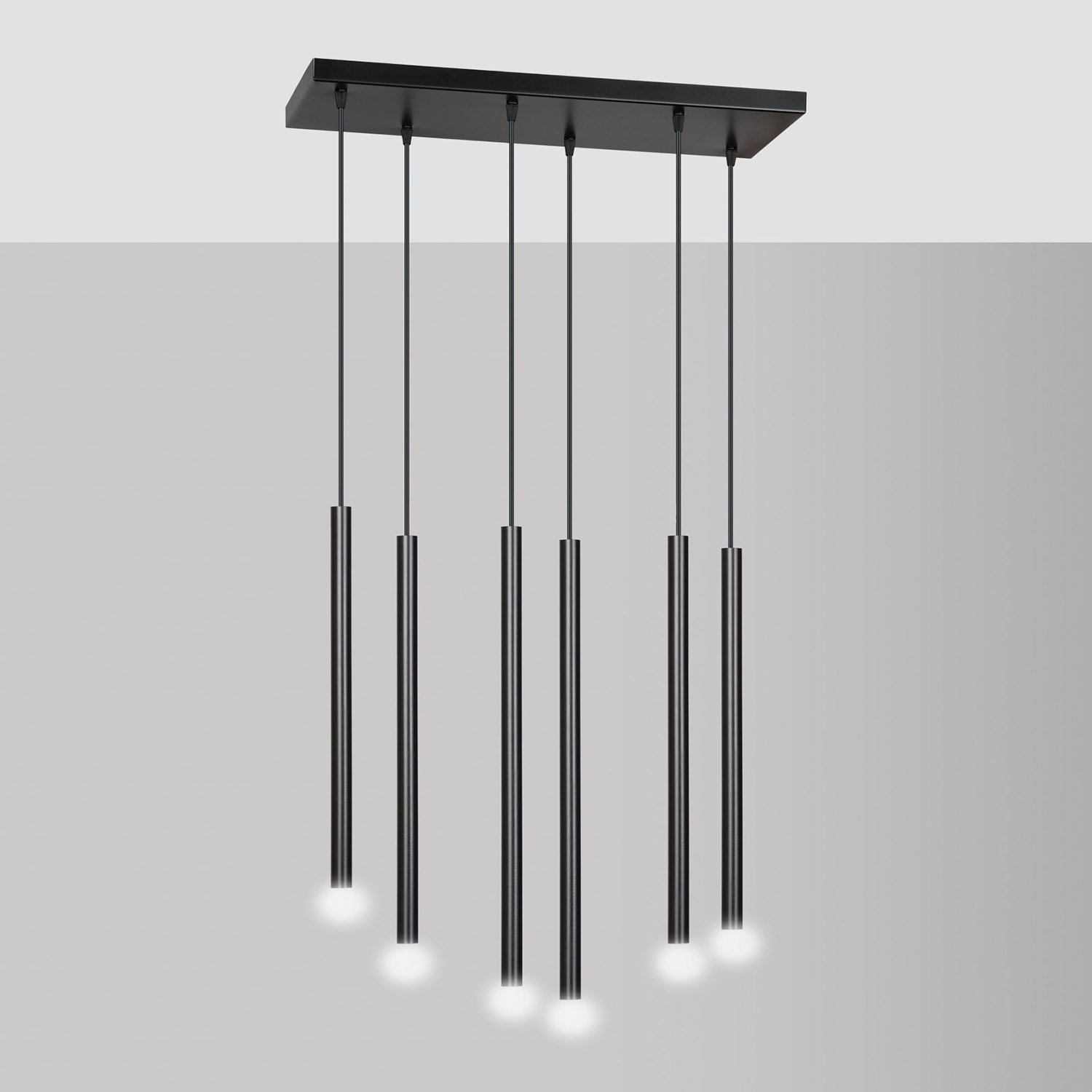 Lampadario 6 Luci Moderno Tsukiyomi Acciaio Nero E Paralumi A Cilindri Sottili 552/6