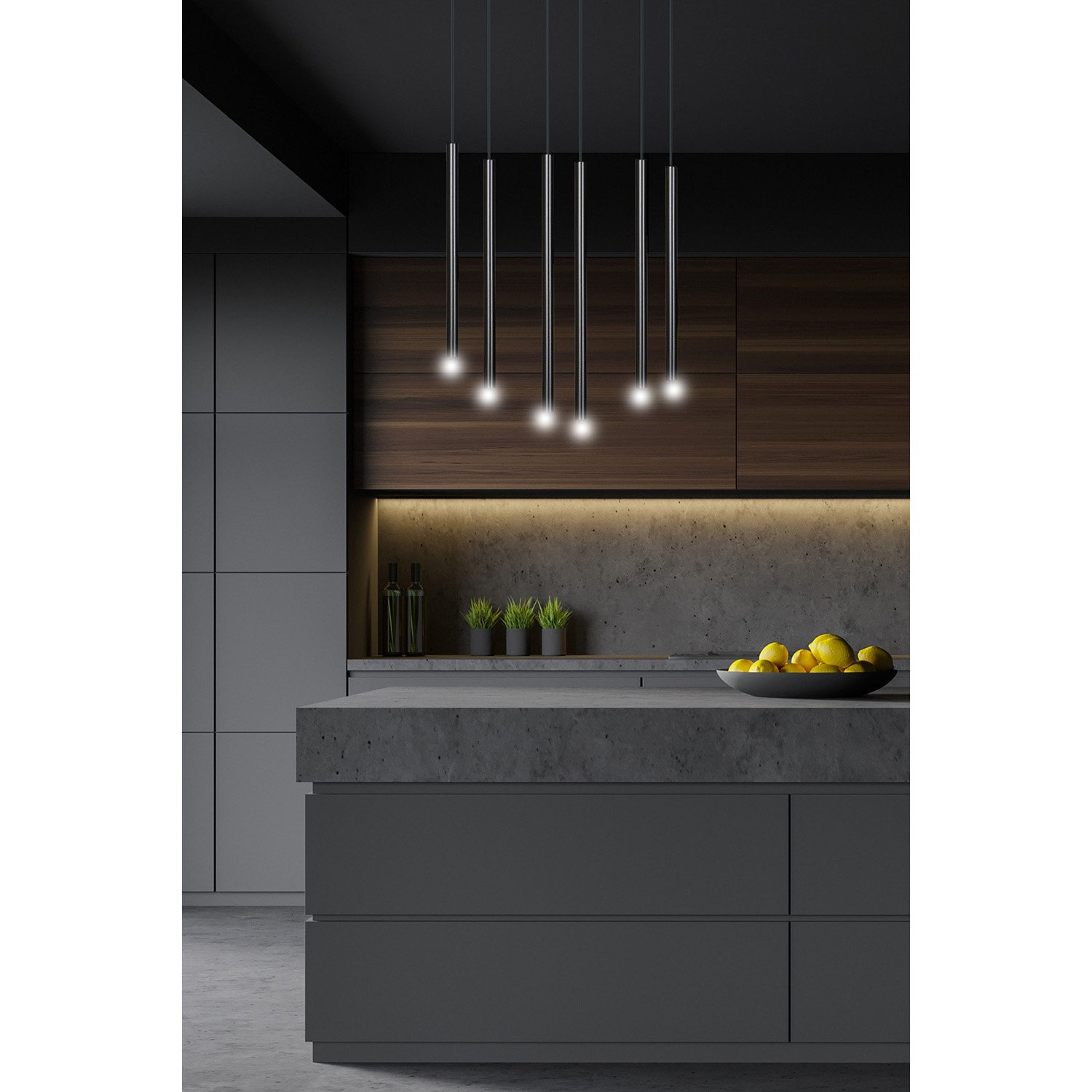 Lampadario 6 Luci Moderno Tsukiyomi Acciaio Nero E Paralumi A Cilindri Sottili 552/6