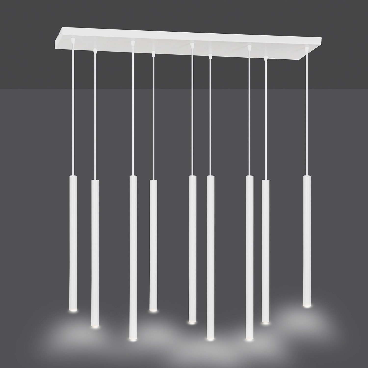 Lampadario 9 Luci Moderno Tsukiyomi Acciaio Bianco E Paralumi A Cilindri Sottili 553/9