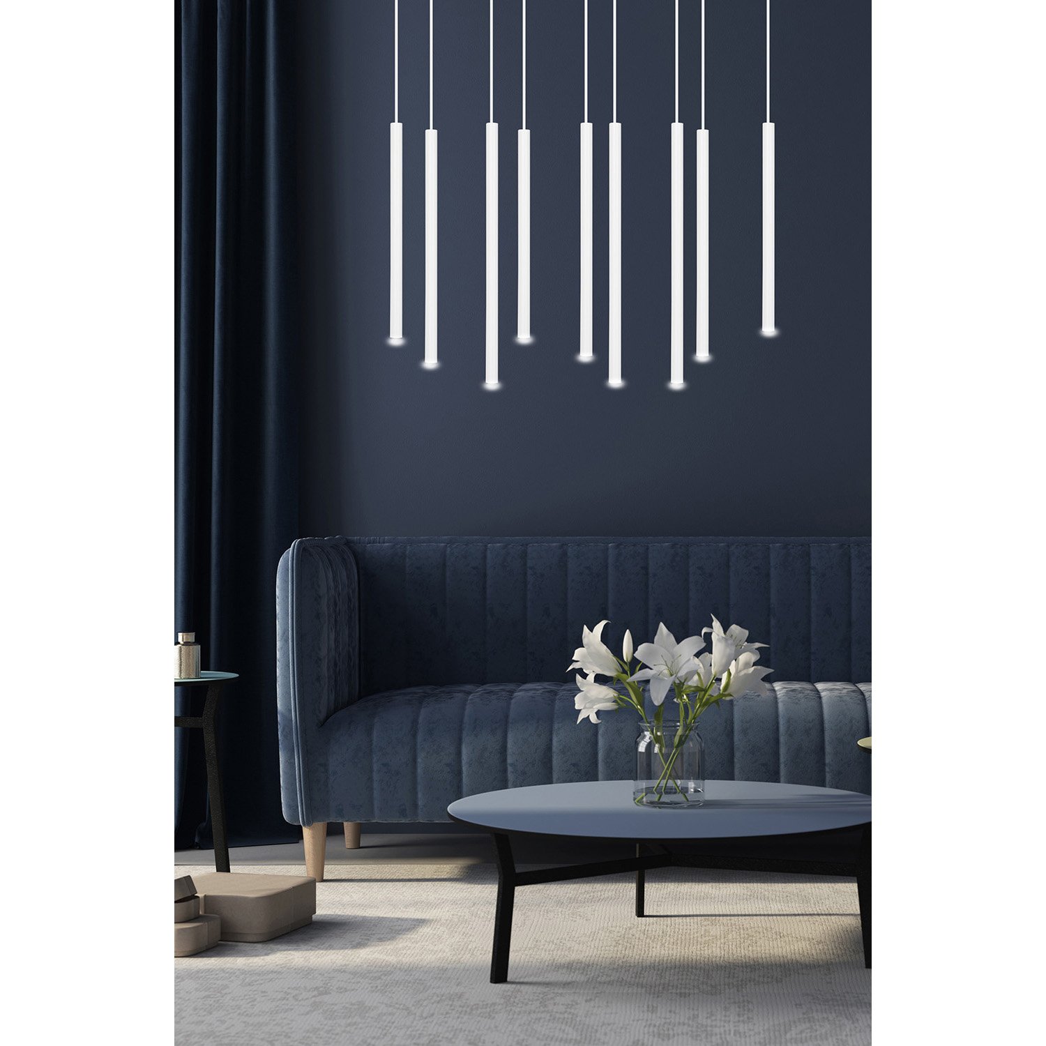 Lampadario 9 Luci Moderno Tsukiyomi Acciaio Bianco E Paralumi A Cilindri Sottili 553/9