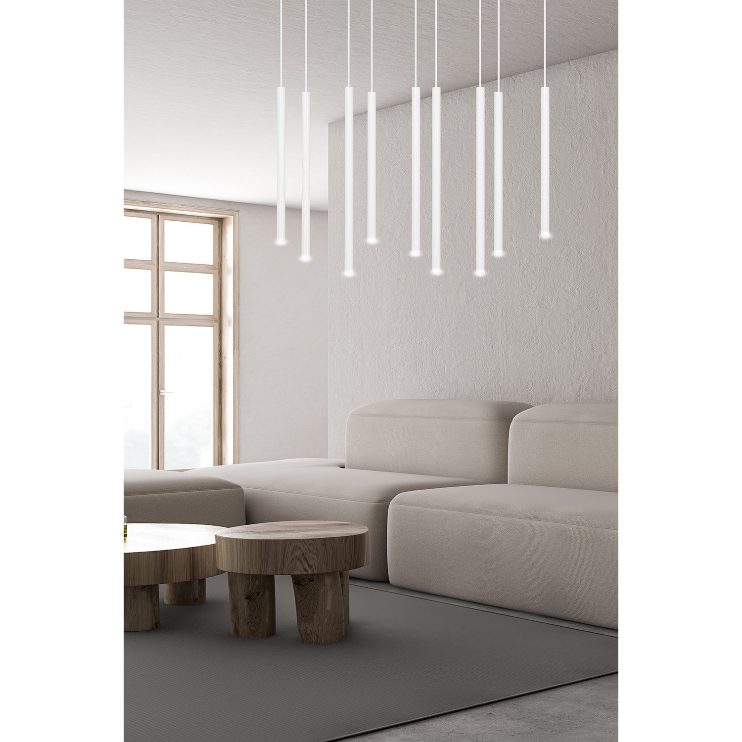 Lampadario 9 Luci Moderno Tsukiyomi Acciaio Bianco E Paralumi A Cilindri Sottili 553/9
