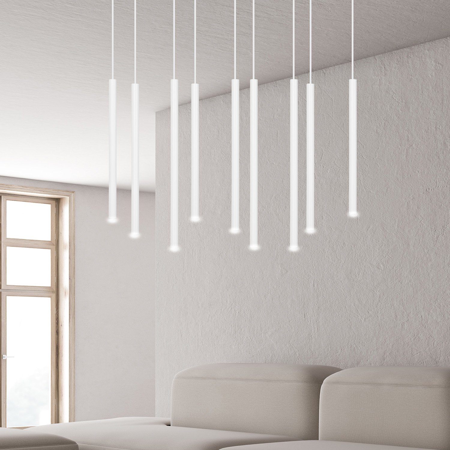 Lampadario 9 Luci Moderno Tsukiyomi Acciaio Bianco E Paralumi A Cilindri Sottili 553/9