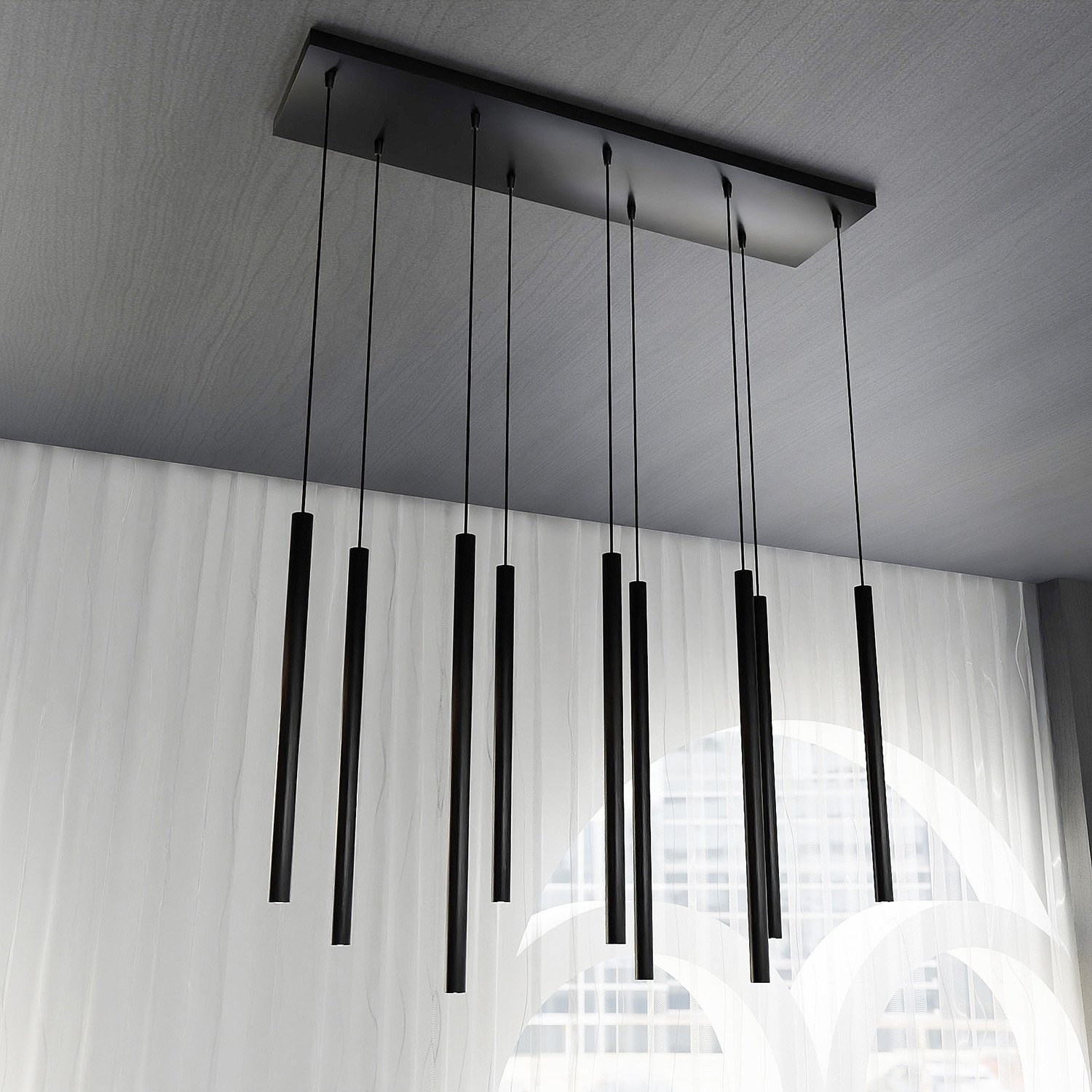Lampadario 9 Luci Moderno Tsukiyomi Acciaio Nero E Paralumi A Cilindri Sottili 552/9