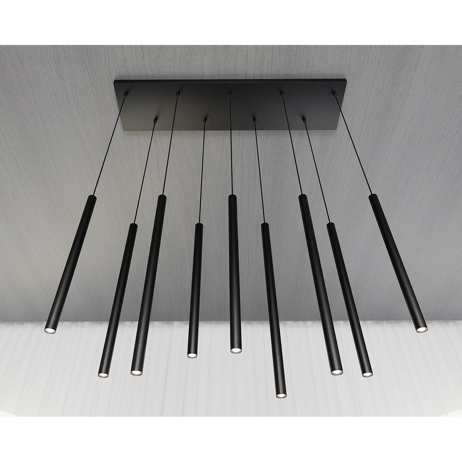 Lampadario 9 Luci Moderno Tsukiyomi Acciaio Nero E Paralumi A Cilindri Sottili 552/9
