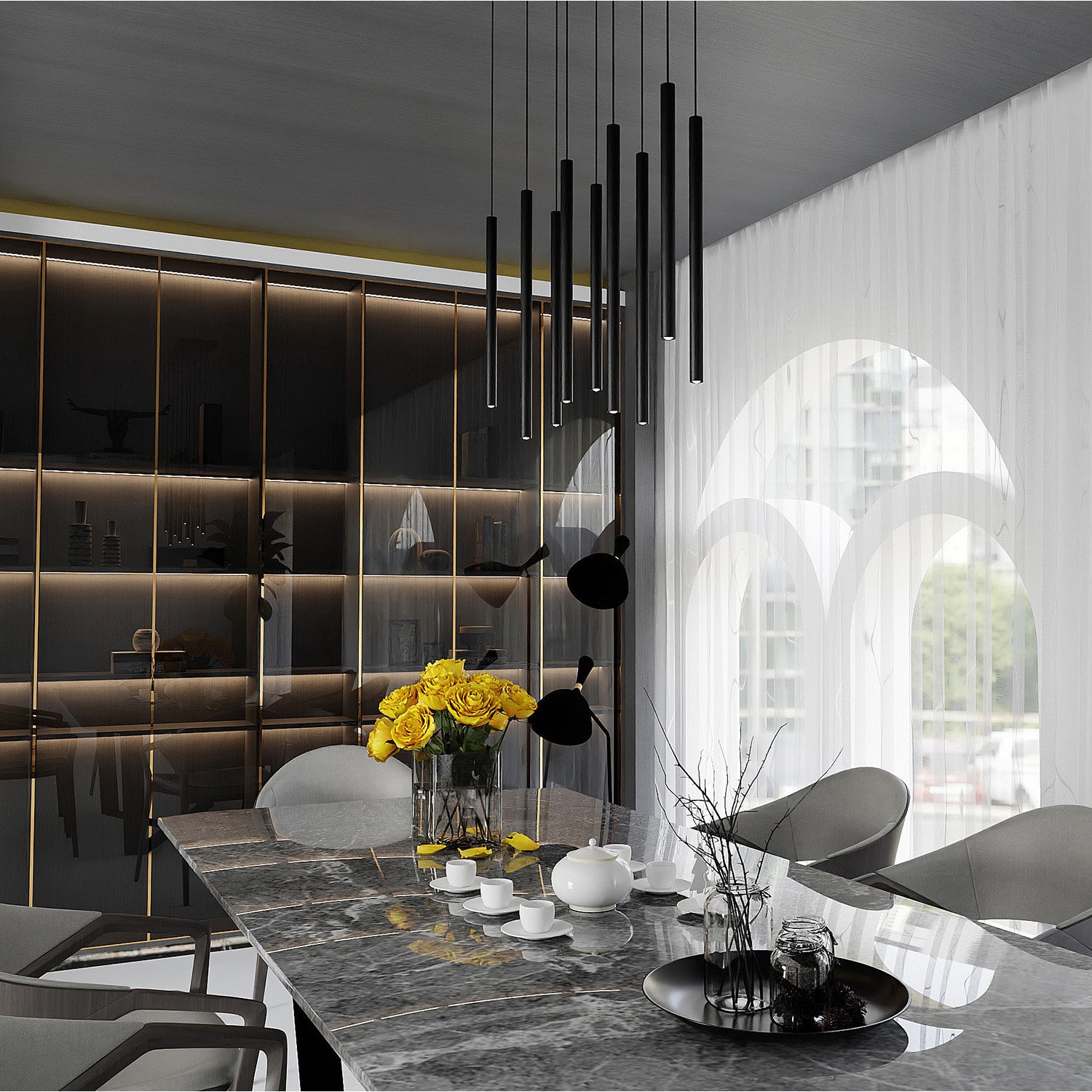 Lampadario 9 Luci Moderno Tsukiyomi Acciaio Nero E Paralumi A Cilindri Sottili 552/9