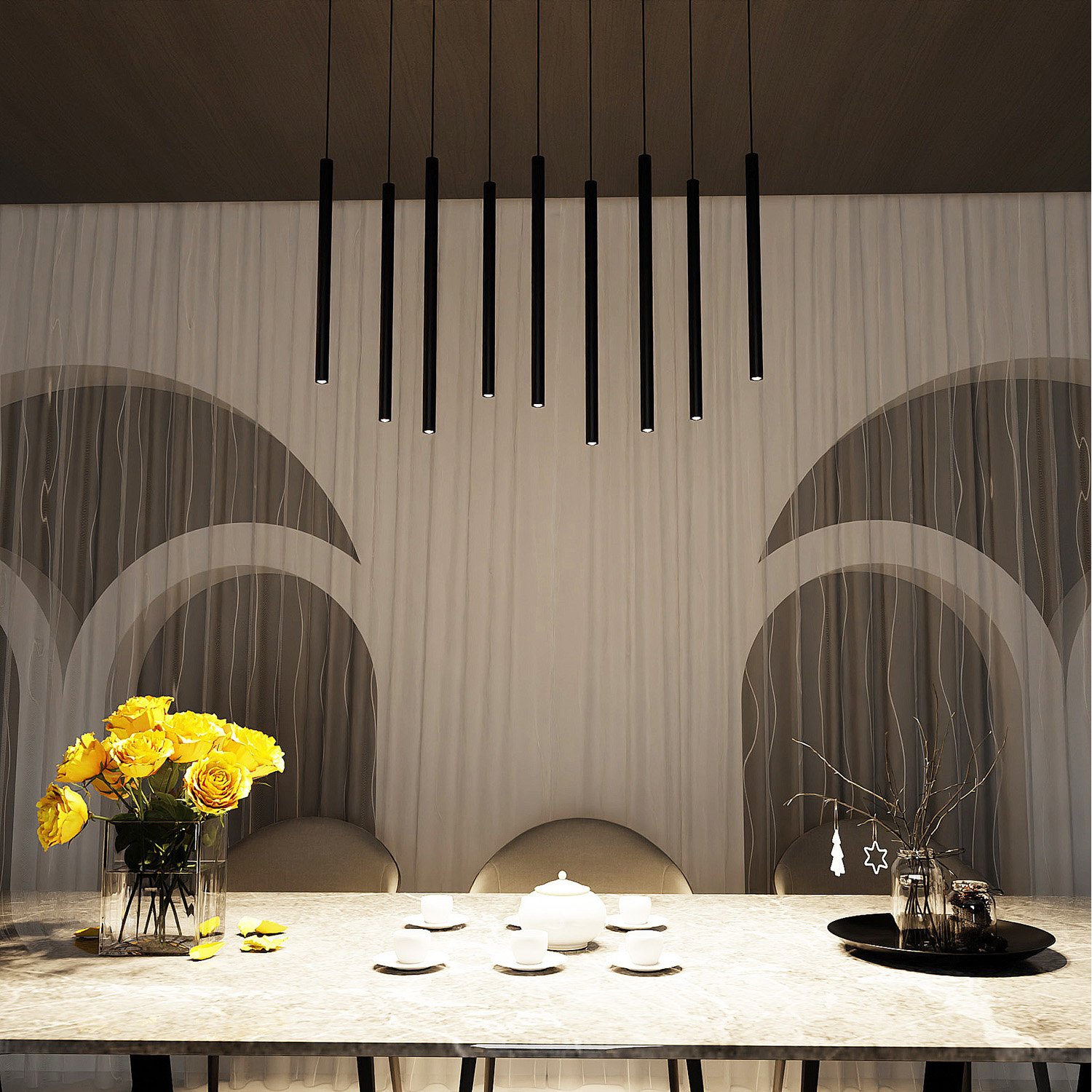 Lampadario 9 Luci Moderno Tsukiyomi Acciaio Nero E Paralumi A Cilindri Sottili 552/9