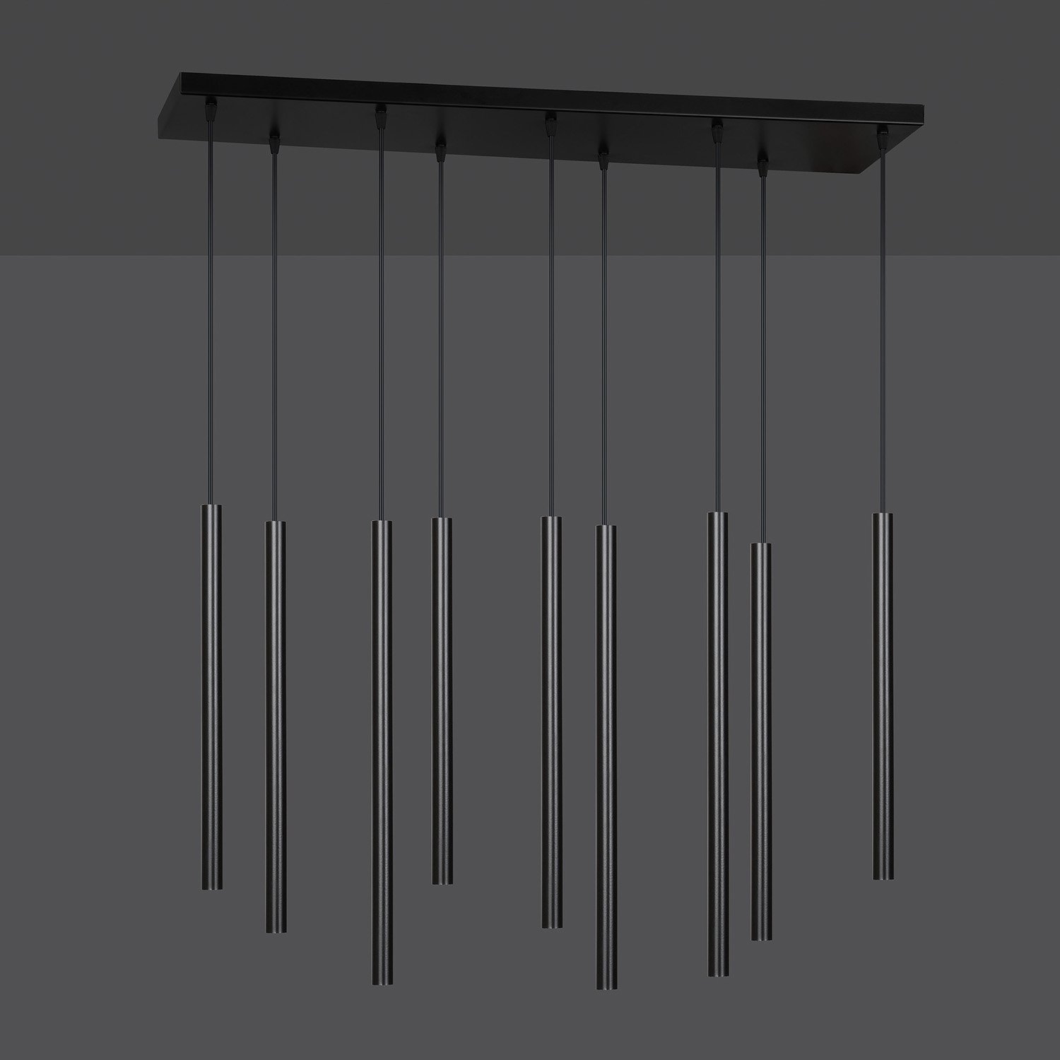 Lampadario 9 Luci Moderno Tsukiyomi Acciaio Nero E Paralumi A Cilindri Sottili 552/9