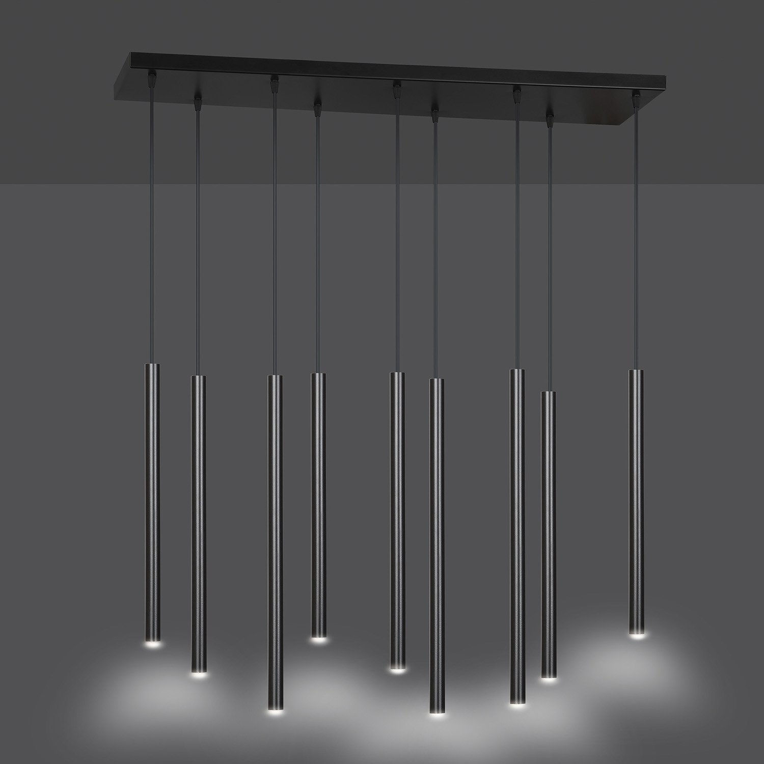 Lampadario 9 Luci Moderno Tsukiyomi Acciaio Nero E Paralumi A Cilindri Sottili 552/9