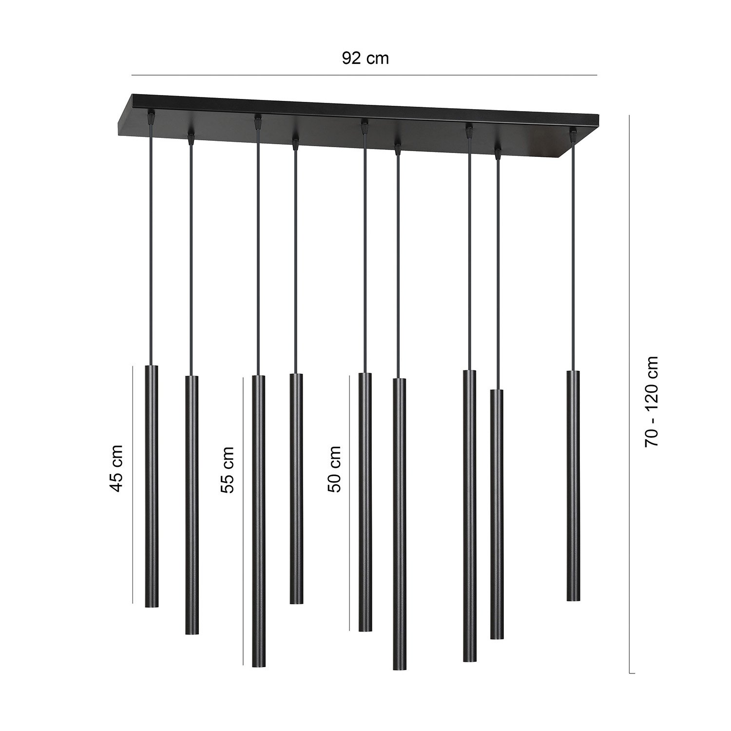 Lampadario 9 Luci Moderno Tsukiyomi Acciaio Nero E Paralumi A Cilindri Sottili 552/9