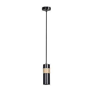Sospensione 1 Luce Henge In Acciaio Nero A Cilindro Con Legno Naturale