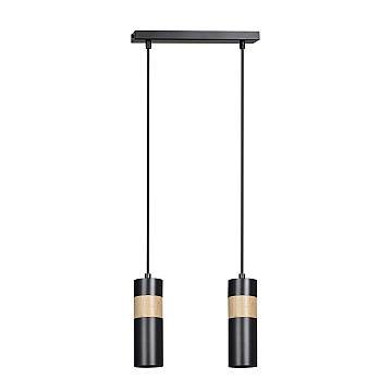 Lampadario 2 Luci Henge In Acciaio Nero A Cilindro Con Legno Naturale