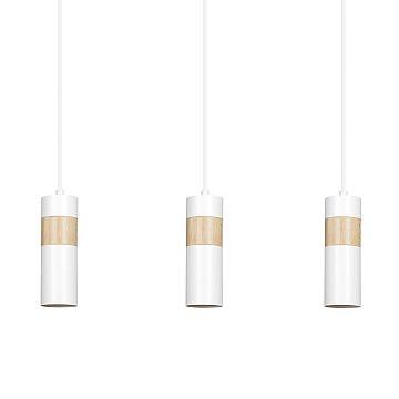 Lampadario 3 Luci Henge In Acciaio Bianco A Cilindro Con Legno Naturale