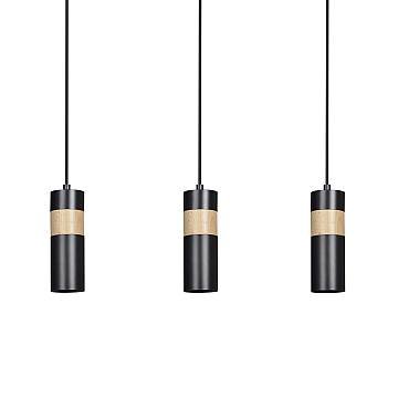 Lampadario 3 Luci Henge In Acciaio Nero A Cilindro Con Legno Naturale