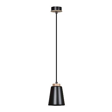 Sospensione 1 Luce Du Lac A Cono In Acciaio Nero E Legno Naturale