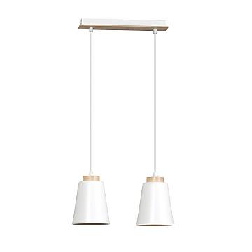 Lampadario 2 Luci Du Lac Con Paralumi A Cono In Acciaio Bianco E Legno Naturale