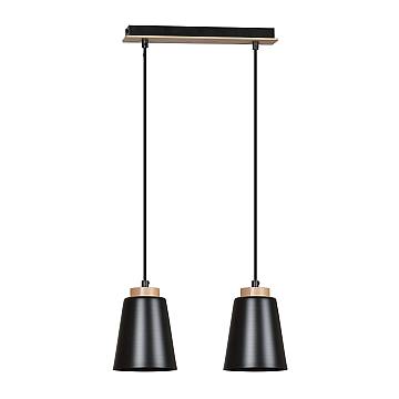 Lampadario 2 Luci Du Lac Con Paralumi A Cono In Acciaio Nero E Legno Naturale