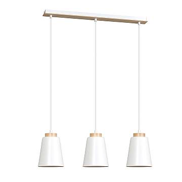 Lampadario 3 Luci Du Lac Con Paralumi A Cono In Acciaio Bianco E Legno Naturale