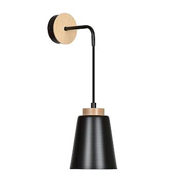 Applique 1 Luce Du Lac A Cono In Acciaio Nero E Legno Naturale