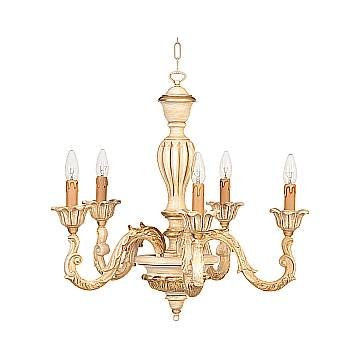 Lampadario In Legno Classico Crema Decapè Oro 5 Luci Avocetta