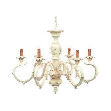 Lampadario In Legno Classico Avorio Patinato 6 Luci Picchio