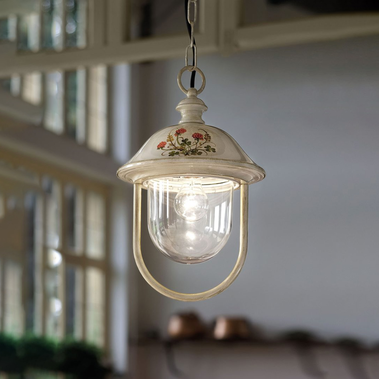 Sospensione Esterno Classica Bari Metallo Ceramica Bianco Sfumato Oro 1 Luce E27 A302-BO-43-DEC-TRS