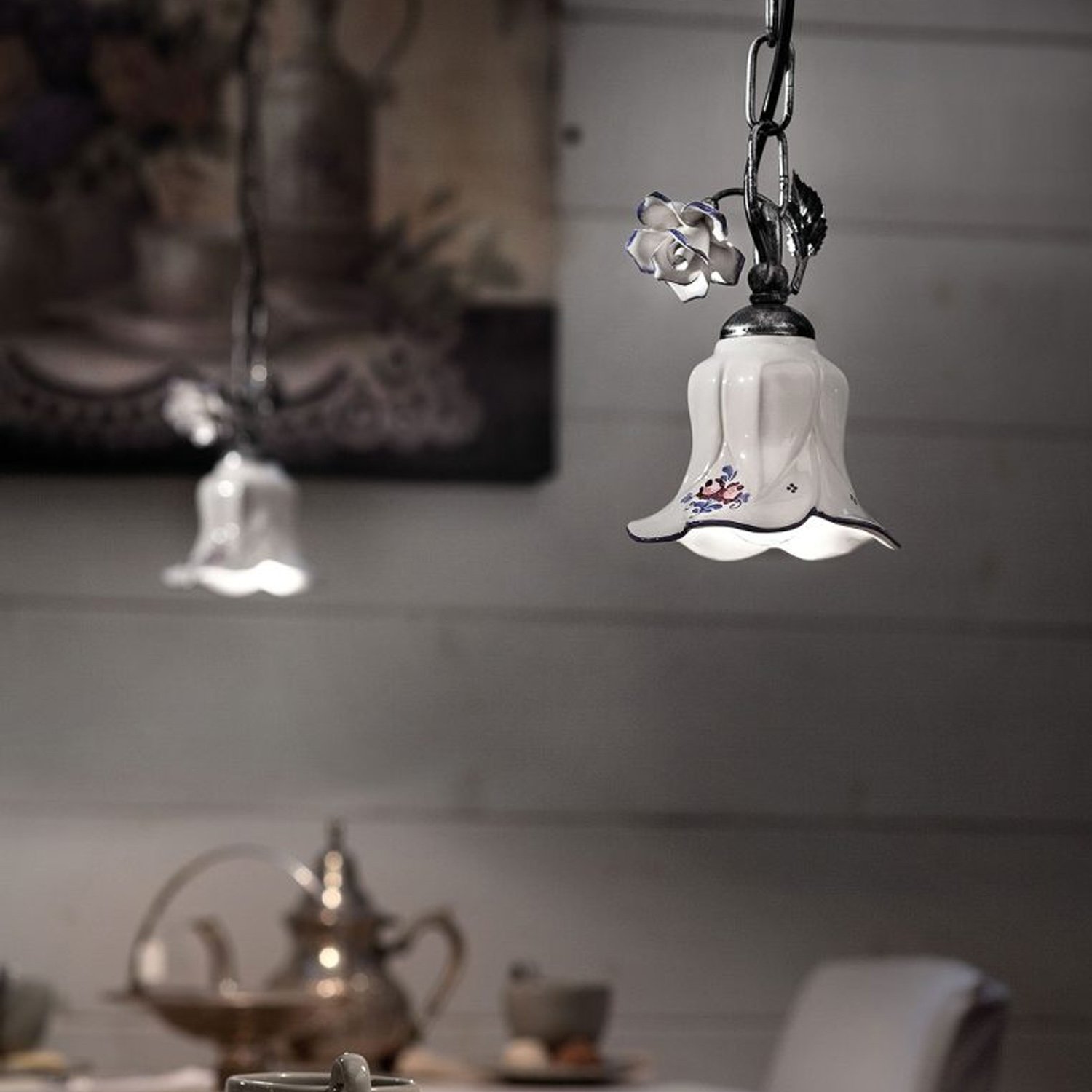 Lampadario Classico Pisa Metallo E Ceramica Nero Sfumato Argento 1 Luce E14 C1208-NA-17-DEC-PEO