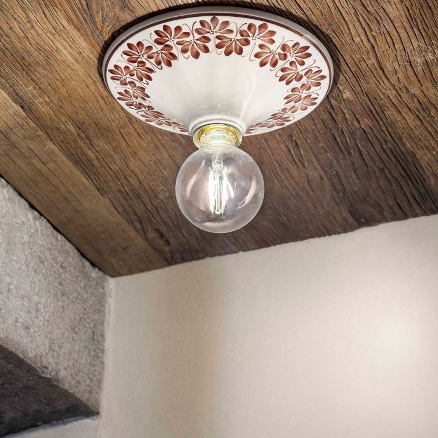 Plafoniera Grande Classica Trieste Bianco Decorato Filo Marrone 1 Luce E27 C134-28-DEC-WOM