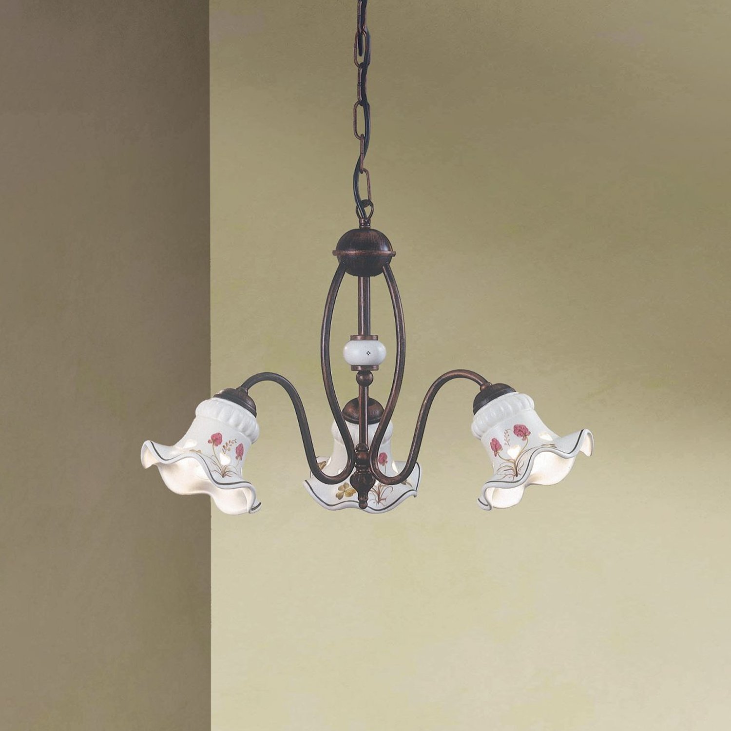 Lampadario Classico Chieti Metallo E Ceramica Nero Sfumato Rame 3 Luci E14 C168-3-NR-43-DEC-TRS